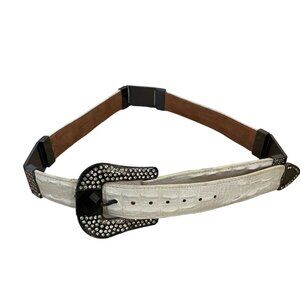 White Crocodile Embossed Leather Belt With Rhinestone Buckle & Tip By Los Altos